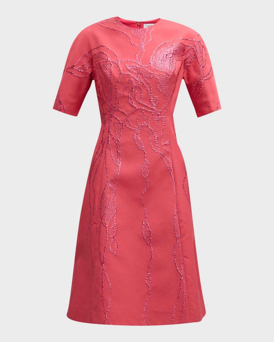Elbow-Sleeve Metallic Jacquard Midi Dress